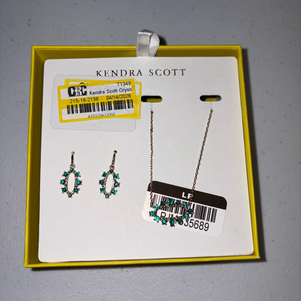 Kendra Scott Anna Necklace and Earring Set Emerald Green Gold Tone Crystal